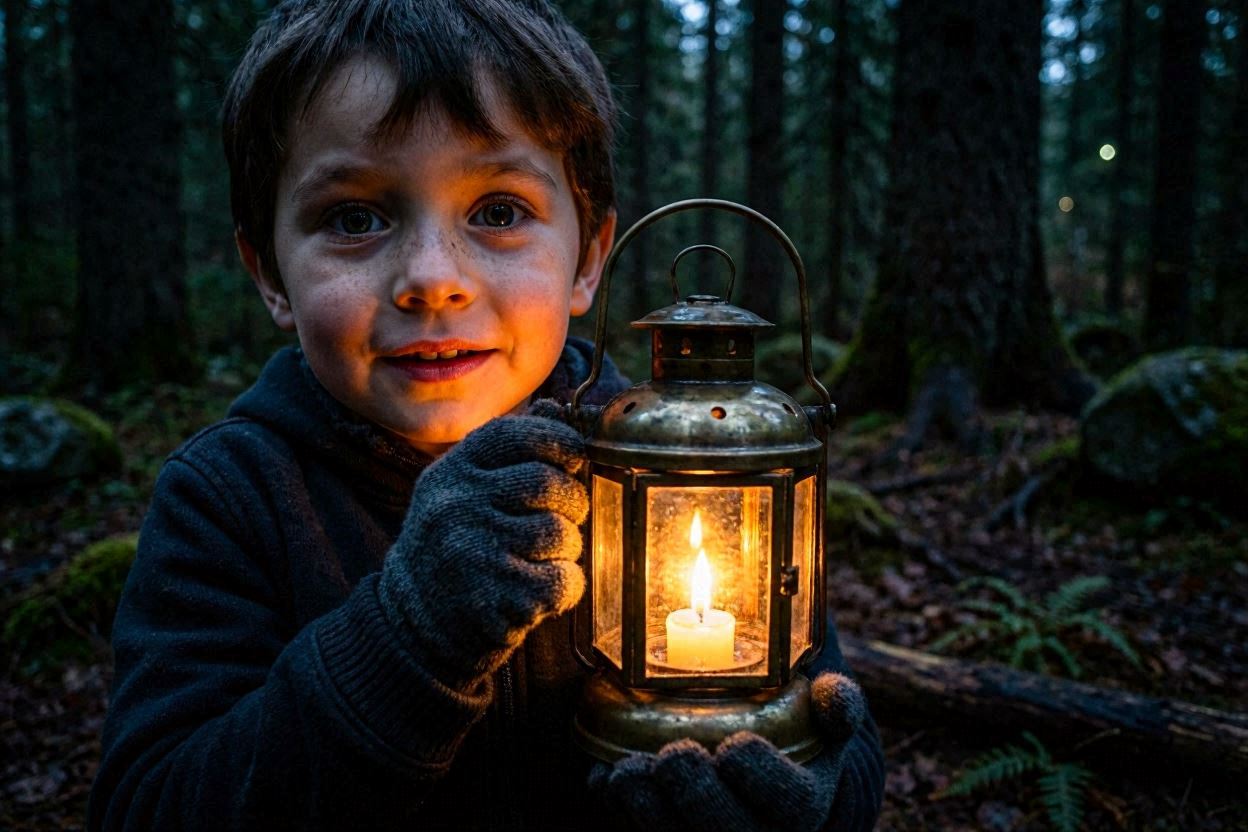 A child holding a lantern in a dark forest clearing