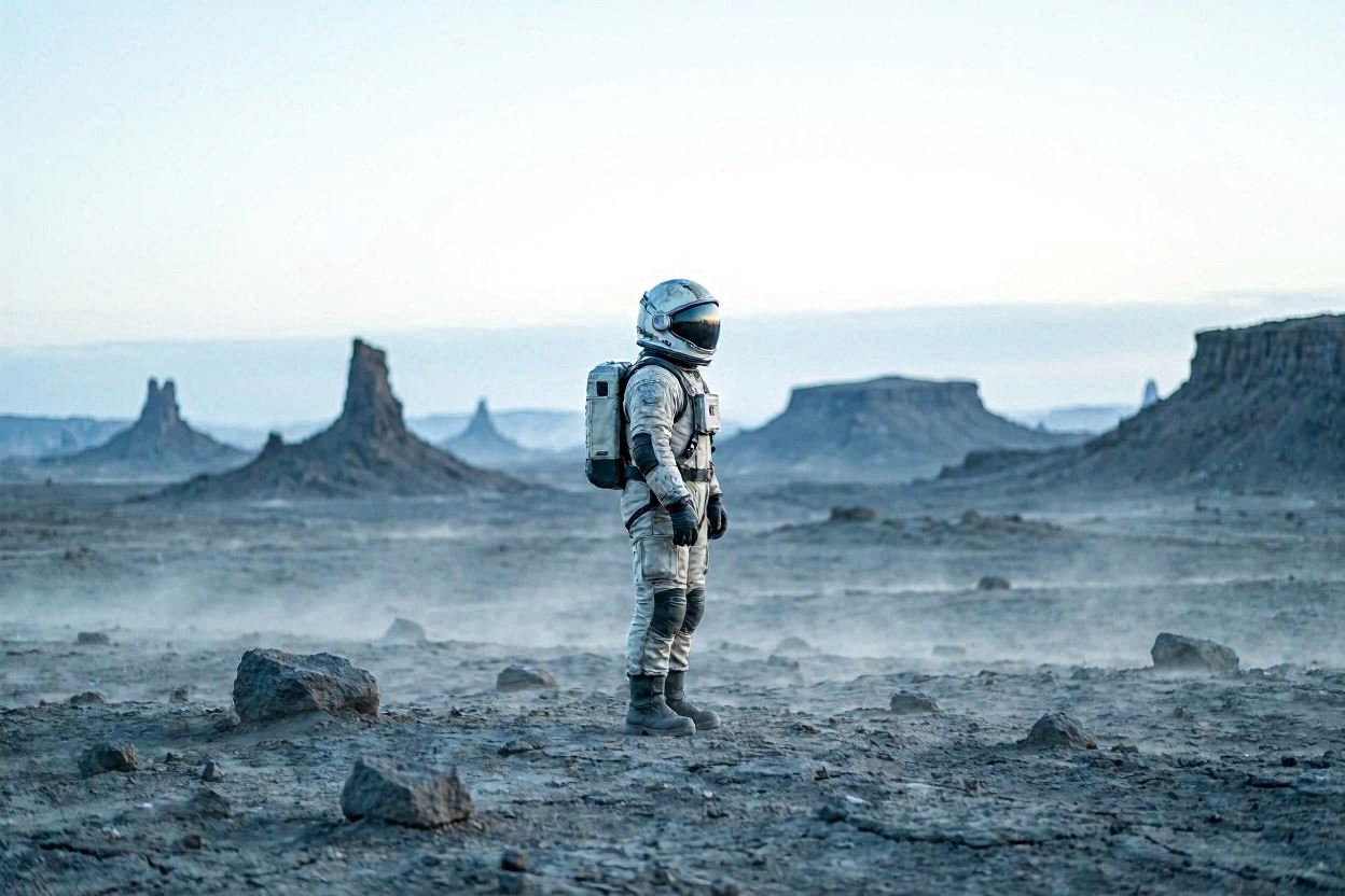 A lone astronaut standing still on an alien landscape