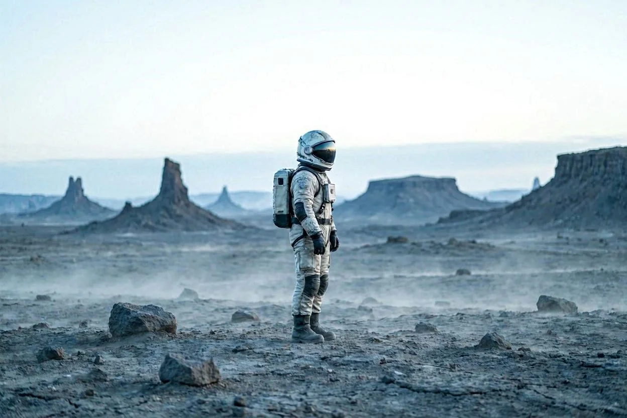 A lone astronaut standing still on an alien landscape