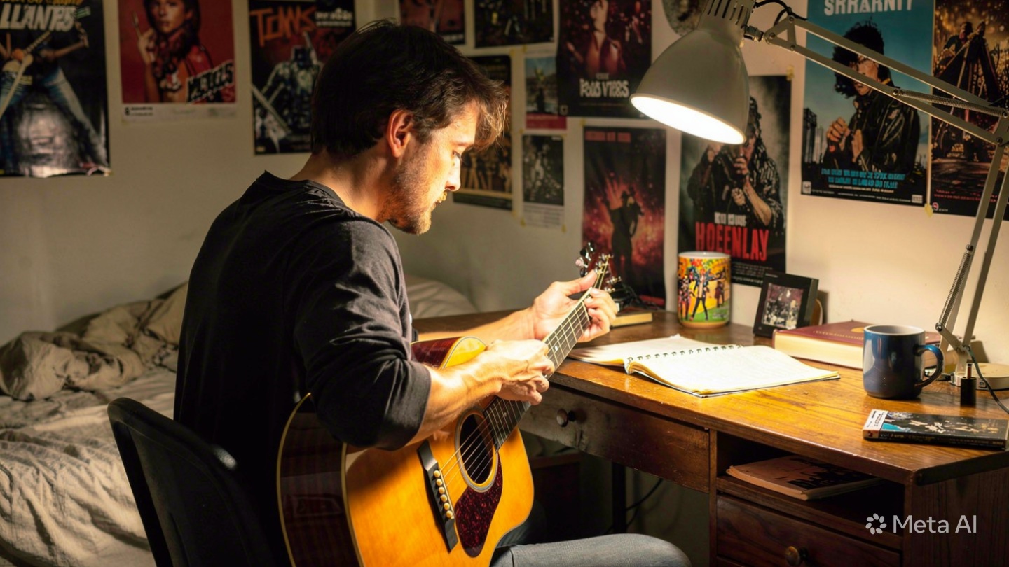 A musician tuning a guitar in a bedroom