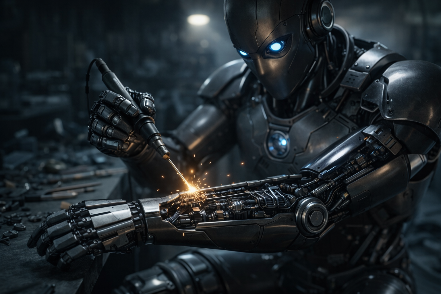 A robot repairing its own arm in a workshop