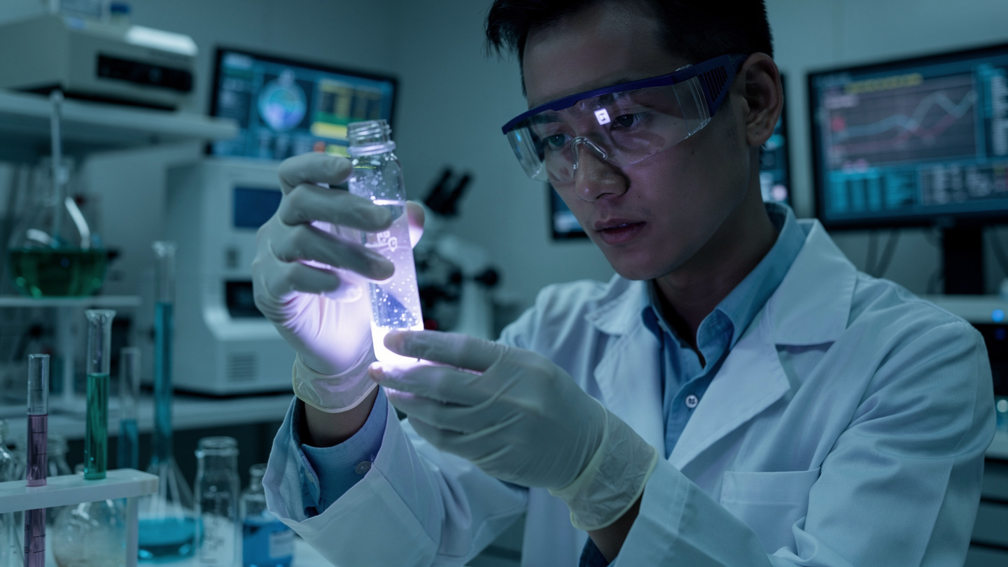 A scientist examining a glowing vial in a lab