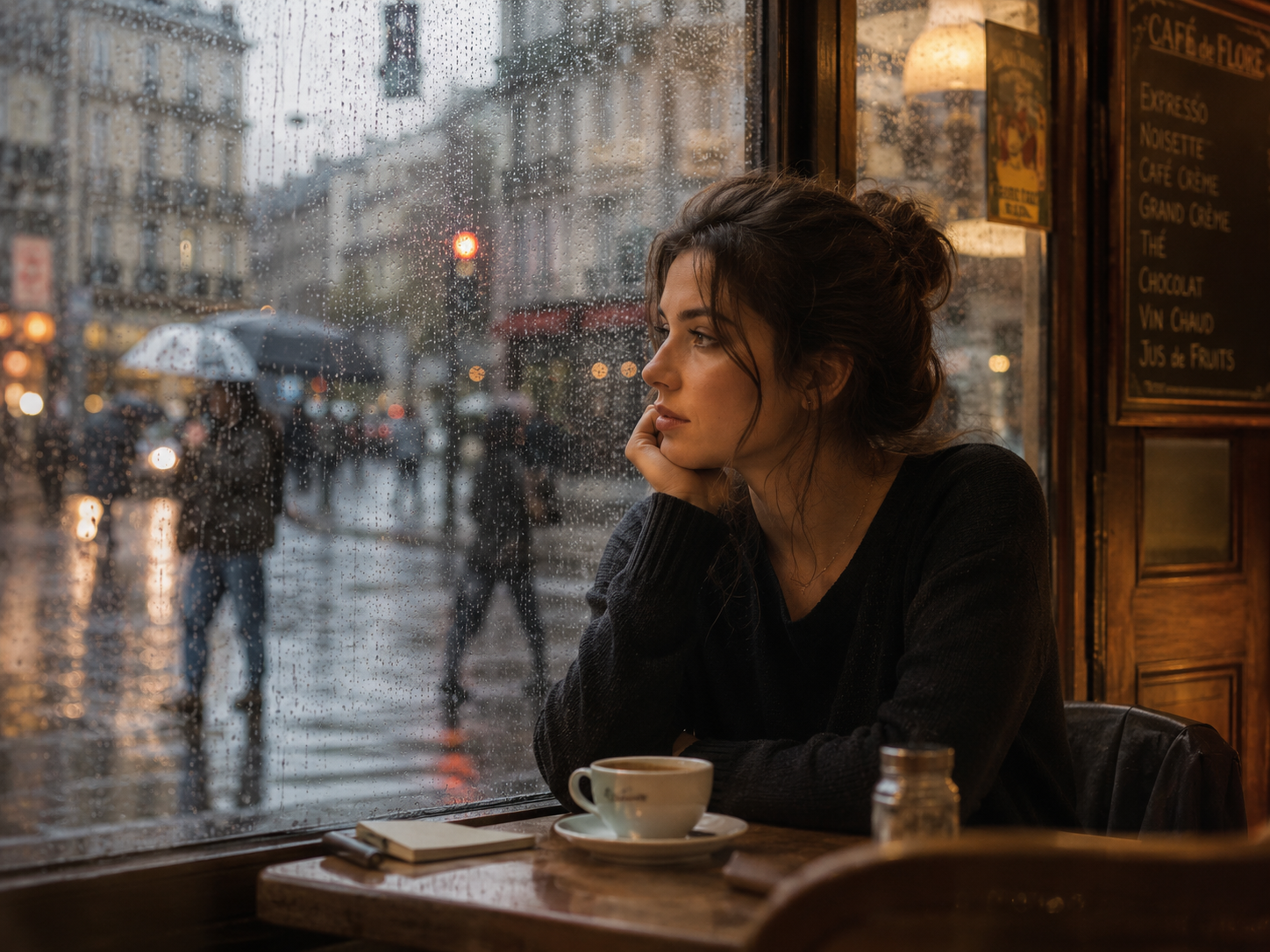 A woman sitting alone in a cafe
