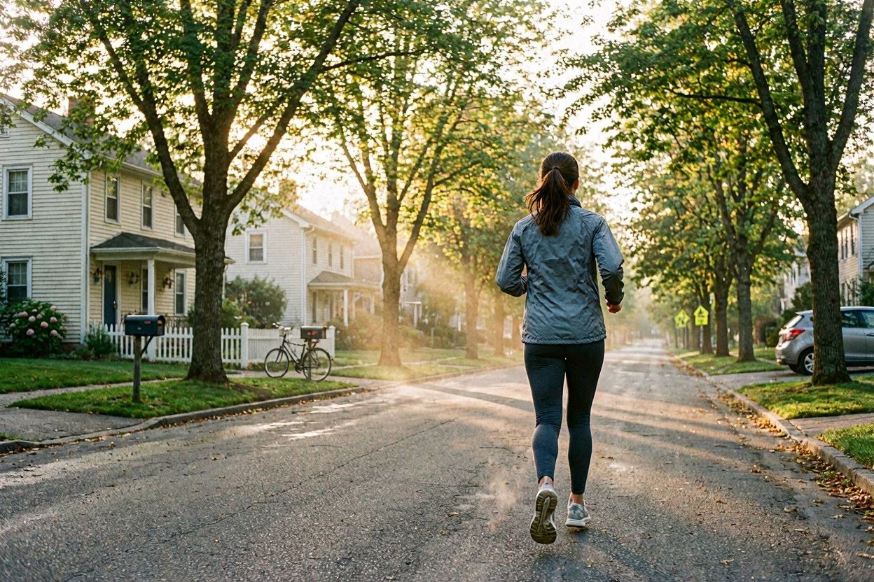 A young woman running at dawn in a suburban street