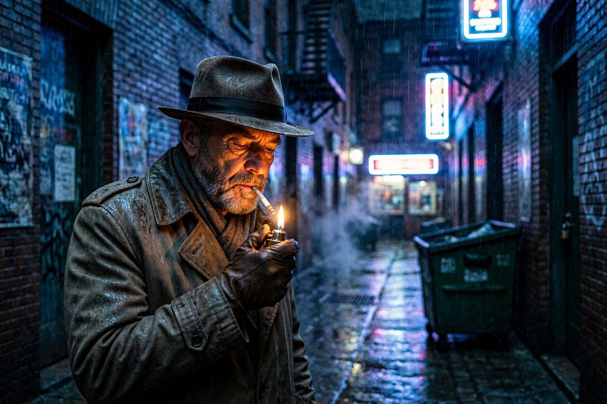 An old detective lighting a cigarette in a rainy alley
