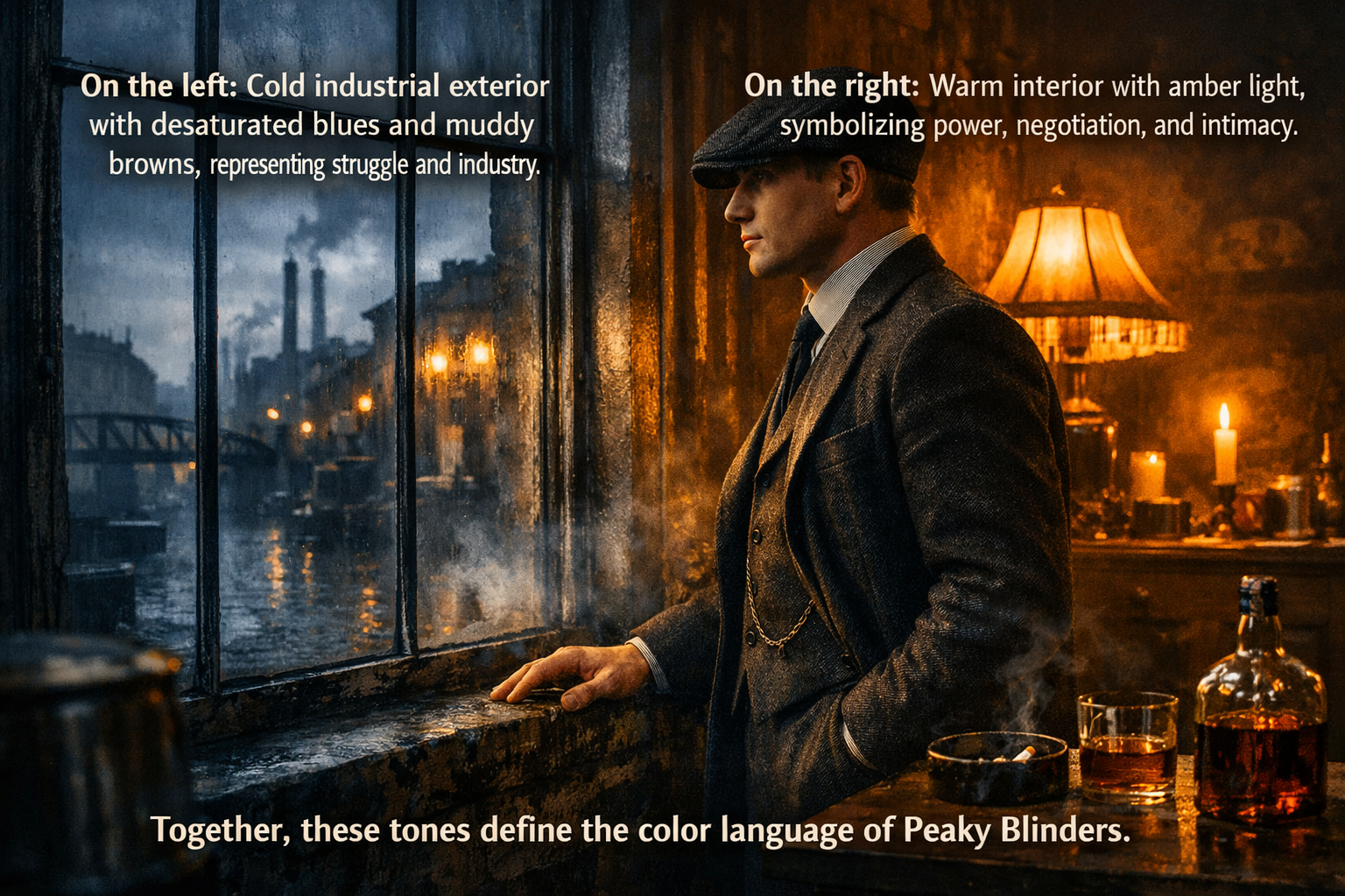Visual comparison of Peaky Blinders color language — cold, desaturated industrial blues on the left and warm amber interior light on the right, symbolizing tension between struggle and power.