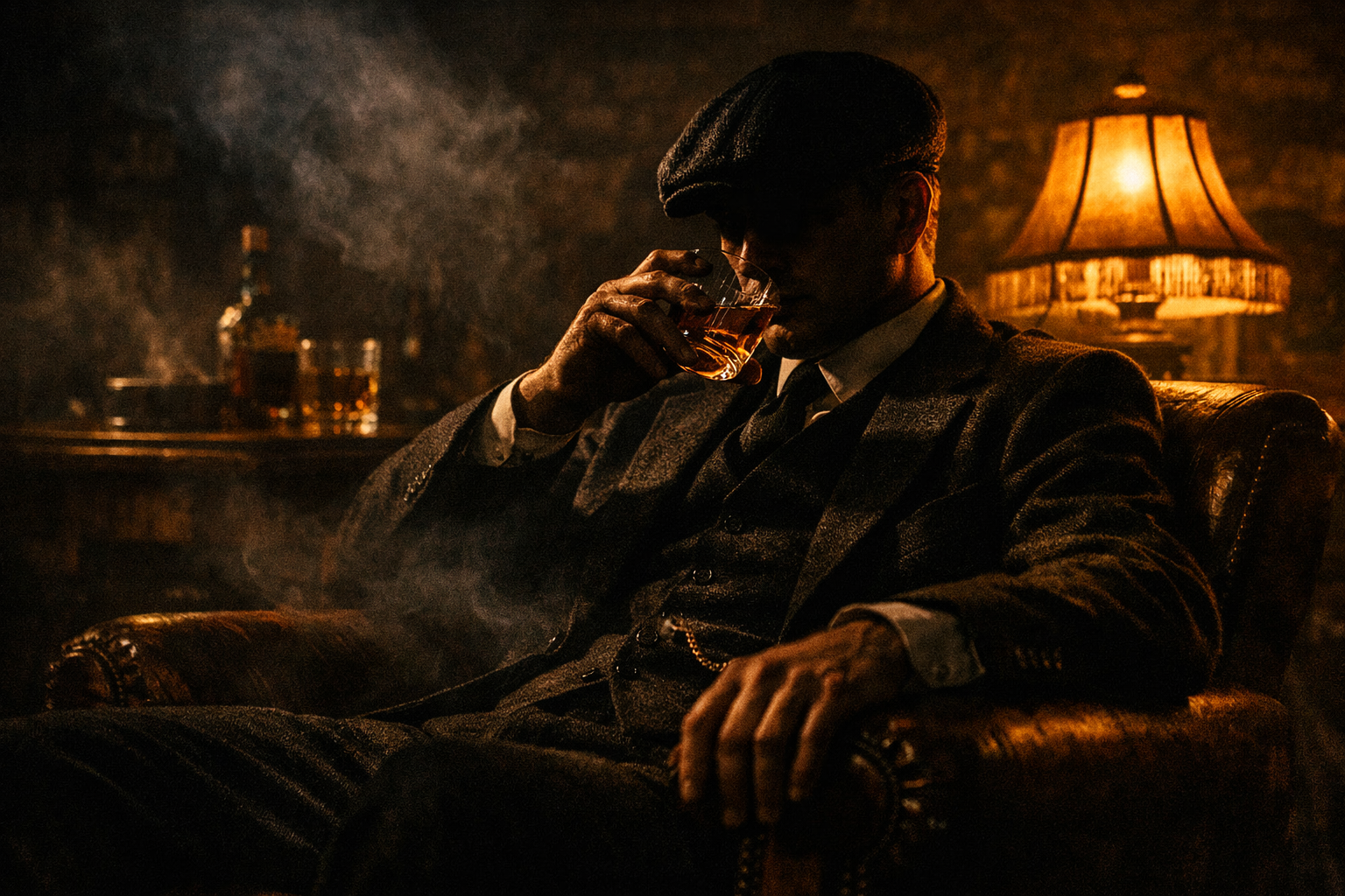 Cinematic Peaky Blinders‑style gangster seated in a 1920s pub armchair, sipping whiskey under low‑key lighting. Half of his face is hidden in shadow, surrounded by smoke and warm amber light, capturing the tension and atmosphere of classic British crime drama.