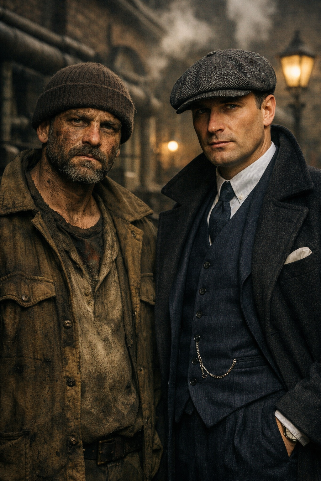 Contrast between working‑class grit and refined Peaky Blinders style — rugged laborer beside a sharply dressed man in a tailored suit and flat cap, highlighting the show’s iconic costume and texture language.