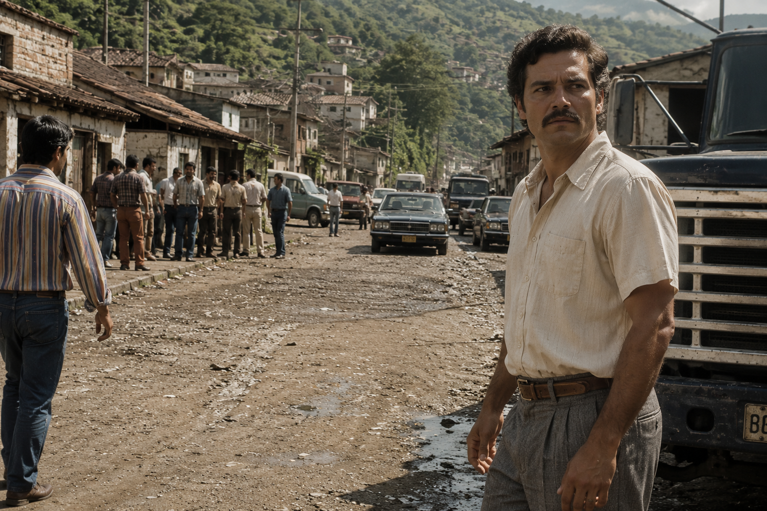 Documentary-style 1980s Colombia scene with a dusty rural street, vintage vehicles, and a tense atmosphere inspired by the visual language of Narcos, emphasizing realism, tropical sunlight, and cinematic storytelling.