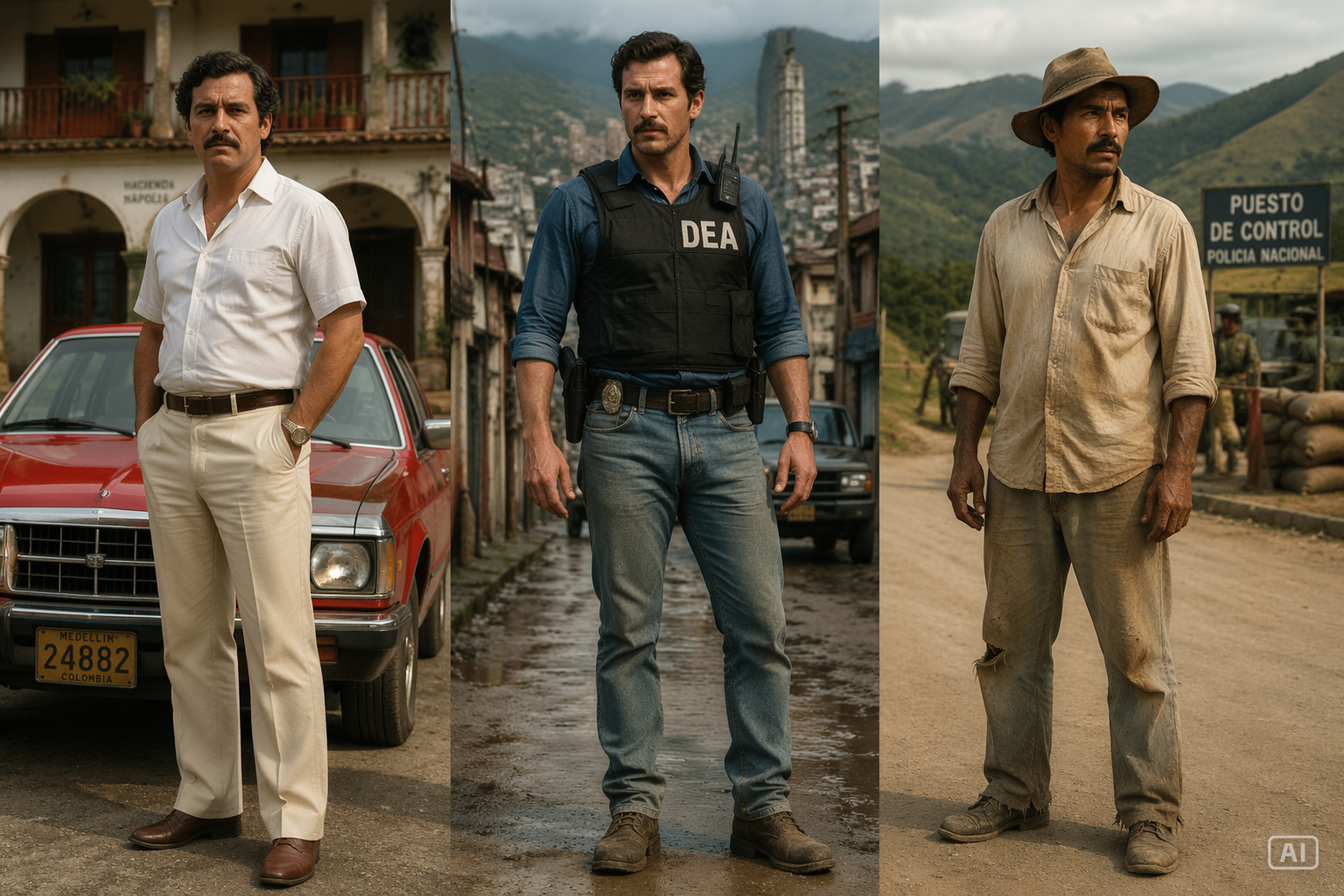 Educational illustration comparing cartel, DEA (not undercover), and civilian clothing styles from 1980s Colombia, showing how wardrobe and texture shape cinematic AI prompts.