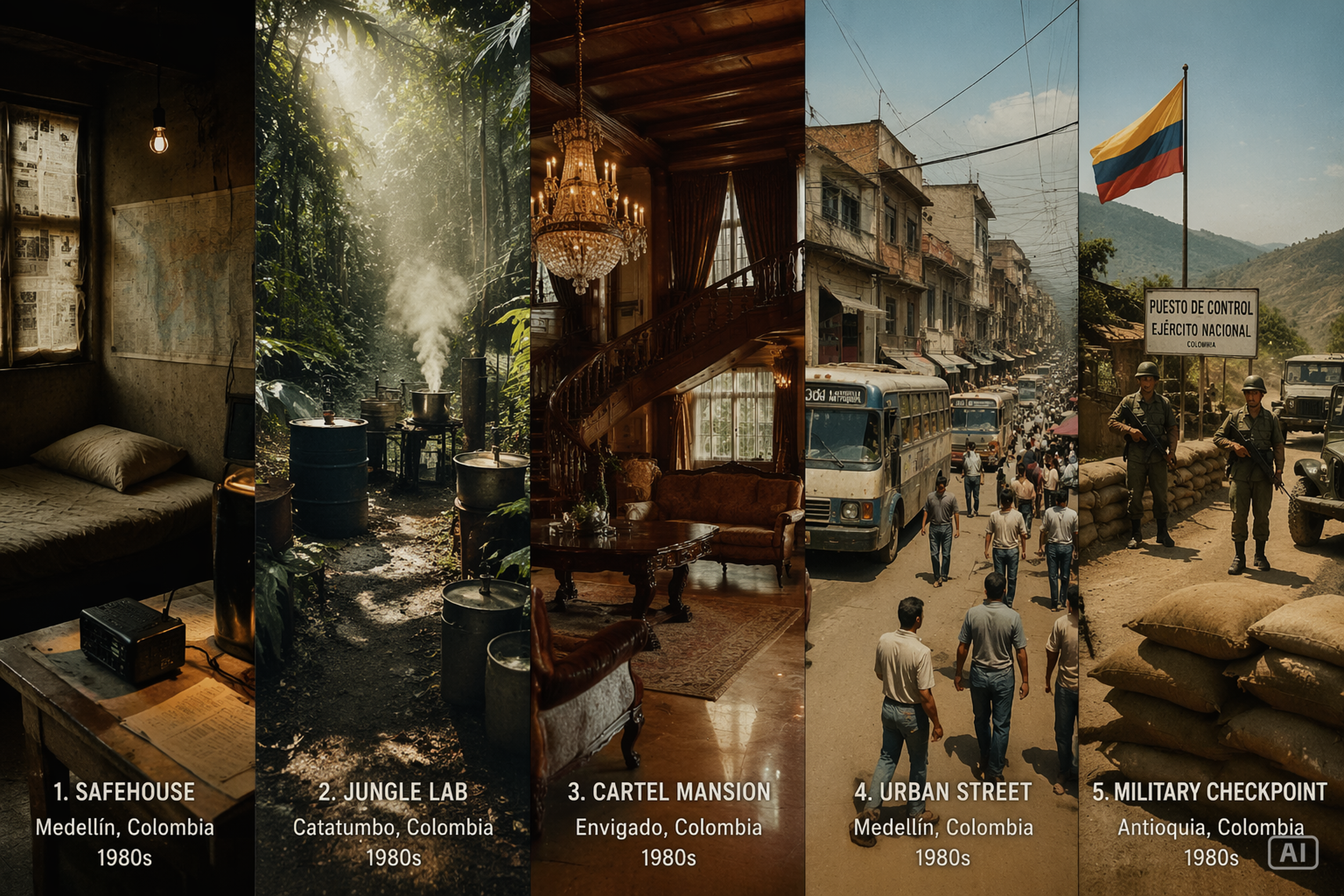 Narcos environments illustrated side by side — —— safehouse, jungle lab, cartel mansion, urban street, and checkpoint — highlighting how each location’s tension, texture, and atmosphere improves cinematic AI prompt design.