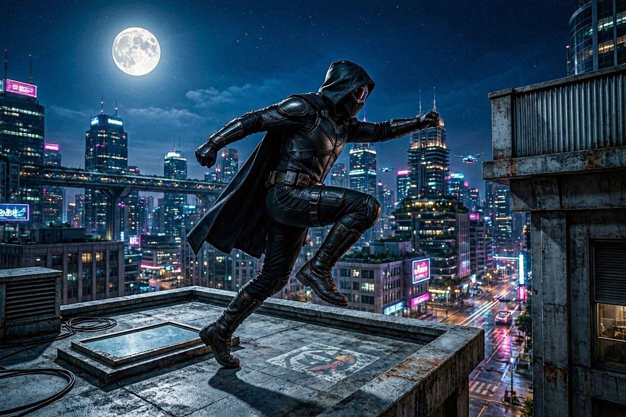 A masked hero leaping between rooftops