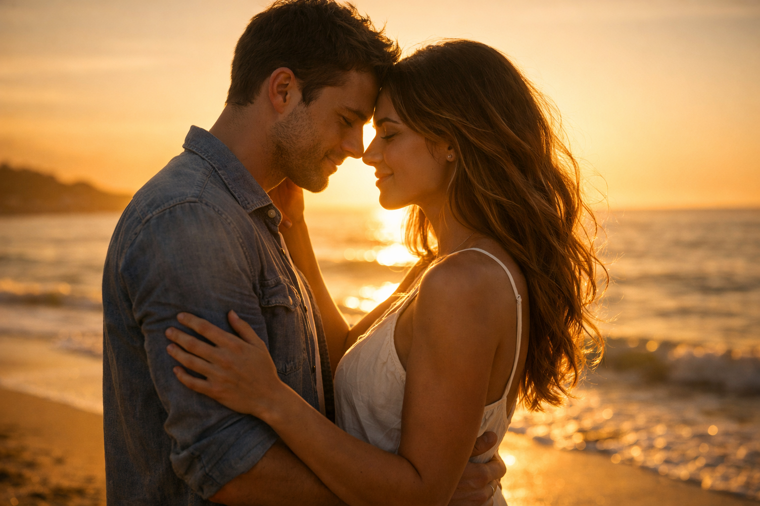 Two lovers standing face to face on a beach